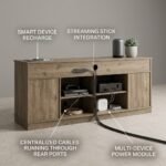 Rear-view-of-rustic-oak-TV-stand-with-managed-cables-and-smart-devices.