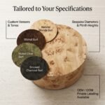 Burl-wood-coffee-table-presented-alongside-customized-wood-finish-swatches-for-trade-buyers.