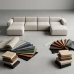 5.Commercial-sectional-sofa-shown-alongside-B2B-upholstery-fabric-swatches-and-custom-finish-options-by-MMK-TRADE-INC.
