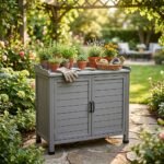 MMK-grey-outdoor-storage-cabinet-used-as-a-garden-potting-bench-workstation-on-a-backyard-patio.