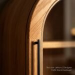 Macro-view-of-arched-door-frame-and-slim-matte-black-pulls-on-wood-storage-cabinet.
