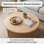 Spacious-tabletop-view-of-round-pine-coffee-table-with-everyday-decor.