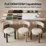 Three-customized-versions-of-the-chair-with-different-wood-and-fabric-options-shown-together-on-a-desk-with-swatches-and-blueprints-highlighting-custom-options.