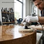 A-close-up-of-a-craftsman-meticulously-polishing-the-high-gloss-finish-on-a-burl-wood-table-in-a-workshop.