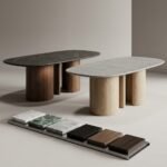 Modern Oval Faux Stone Dining Table with Architectural Walnut Pedestal Base - Image 6