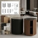 Round-fluted-black-wood-side-table-with-marble-top-by-MMK-Furniture-Makers.