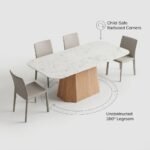 Elevated-angle-showing-spacious-360-degree-legroom-clearance-and-rounded-edges-of-pedestal-dining-table.