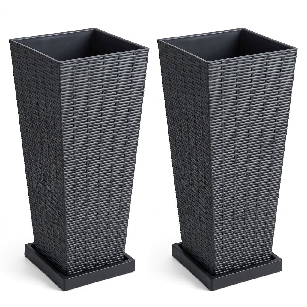 AGGLPC-0034-1 Premium Tall Rattan-Style Plastic Planter with Base - Image 1