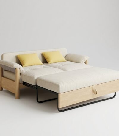 A professional studio photograph showcasing the transformation of the custom MMK sofa from a seating configuration into a flat, full-size bed, highlighting the visible extended black carbon steel frame and the seamless bed surface.