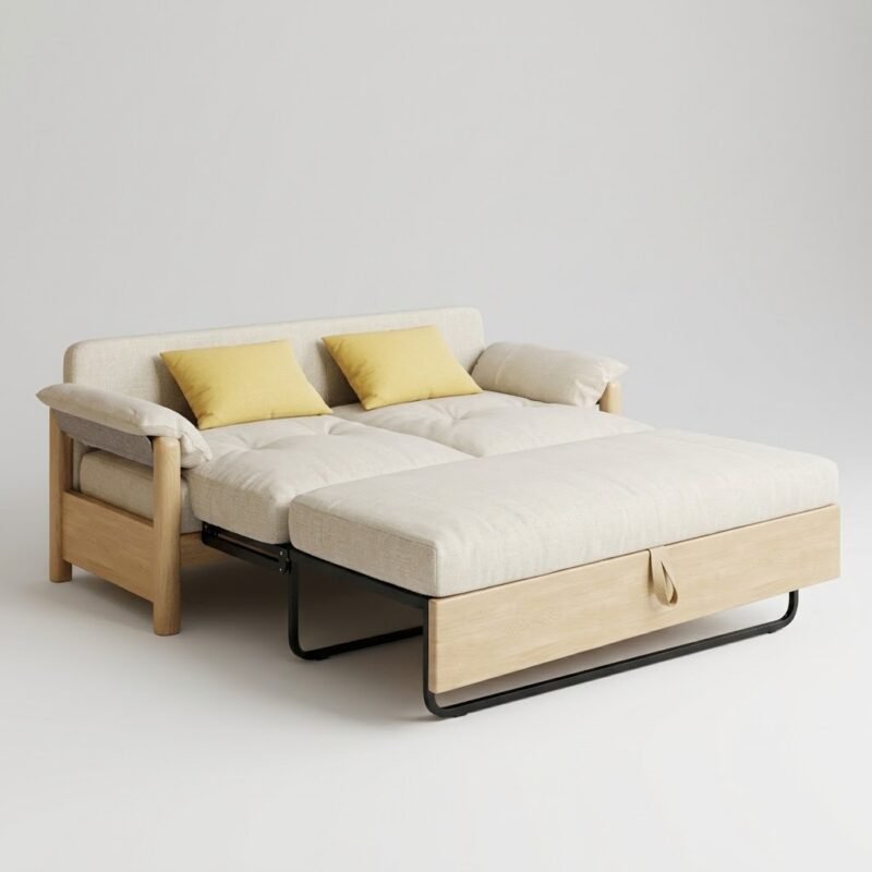 A professional studio photograph showcasing the transformation of the custom MMK sofa from a seating configuration into a flat, full-size bed, highlighting the visible extended black carbon steel frame and the seamless bed surface.