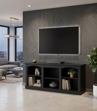 Wholesale 3-compartment black wood media console table under mounted TV for living room by MMK TRADE INC