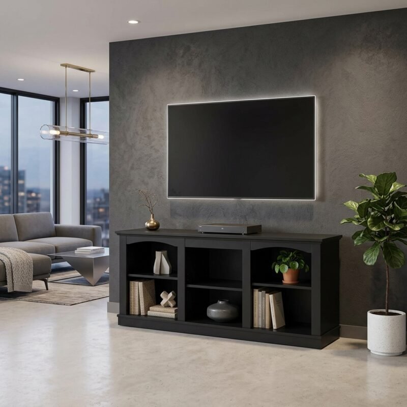 Wholesale 3-compartment black wood media console table under mounted TV for living room by MMK TRADE INC