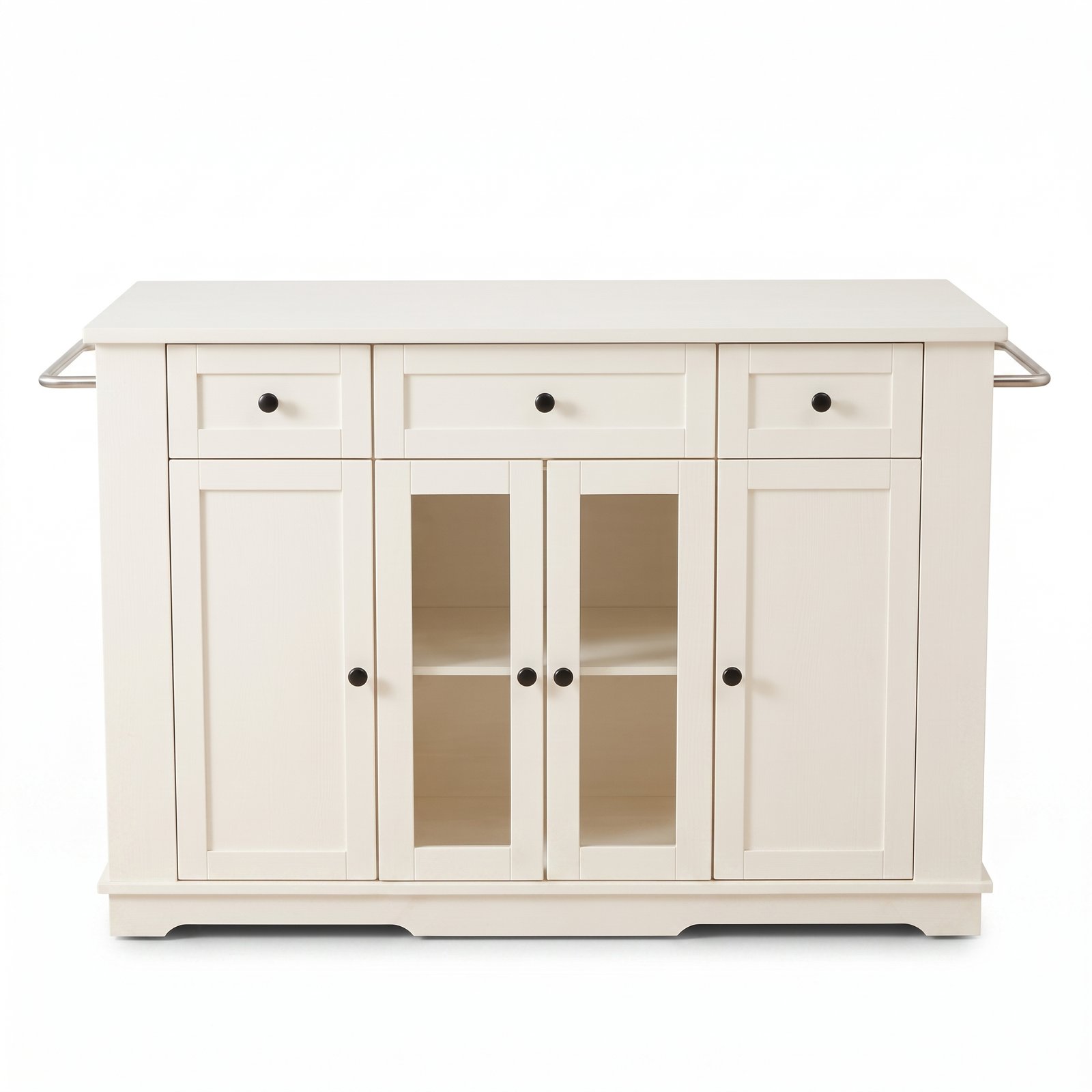 FTLFKT-2038—生成图 Farmhouse White Kitchen Island Buffet Storage Cabinet with Glass Doors & 3 Drawers - Image 1