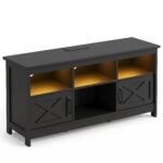 Black Farmhouse TV Stand with LED Lights and Power Outlets