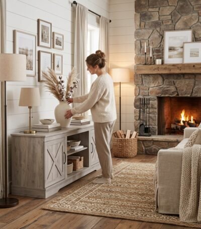 Woman decorating a light grey whitewashed wood TV stand in a modern farmhouse living room. Wholesale furniture by MMK TRADE INC.