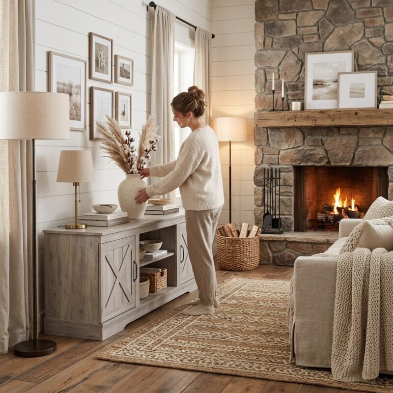 Woman decorating a light grey whitewashed wood TV stand in a modern farmhouse living room. Wholesale furniture by MMK TRADE INC.