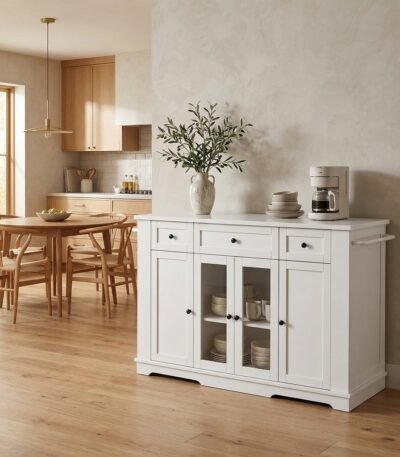 Freestanding white kitchen island storage cabinet featuring 3 drawers and tempered glass doors in a bright modern home by MMK Furniture Makers