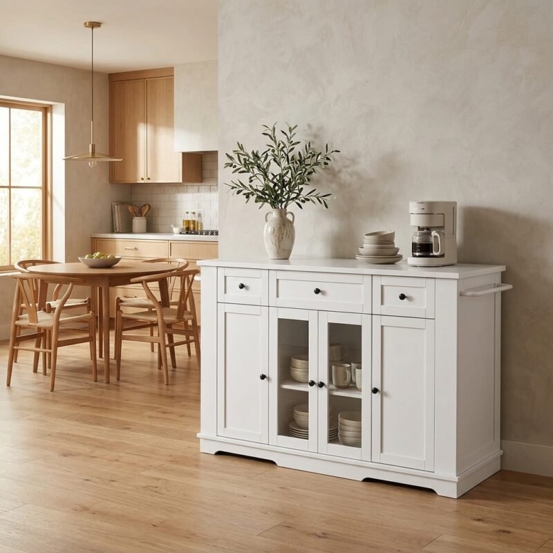 Freestanding white kitchen island storage cabinet featuring 3 drawers and tempered glass doors in a bright modern home by MMK Furniture Makers