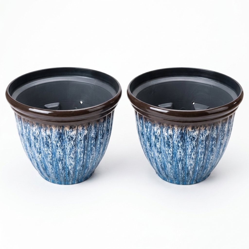 MMK Furniture Makers wholesale round plastic planters pair with blue marbled glazed finish and dark rim-1 Faux Glazed Ceramic PP Plastic Planter – Blue Marble Finish - Image 1