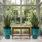 Faux-Ceramic PP Plastic Pedestal Planter – Gradient Teal - Image 2