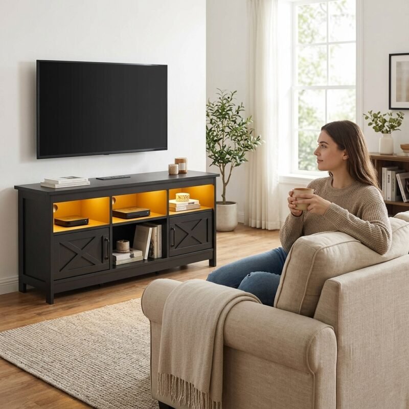 Woman relaxing in living room featuring a custom wholesale black TV console with built-in power outlets