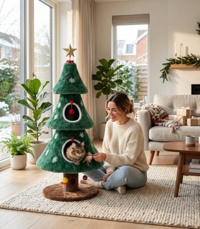 Pet owner relaxing beside a festive Christmas tree cat climbing tower in a sunlit home interior, custom manufactured by MMK TRADE INC.