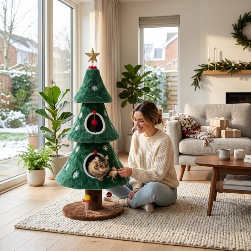 Pet owner relaxing beside a festive Christmas tree cat climbing tower in a sunlit home interior, custom manufactured by MMK TRADE INC.