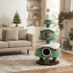 Multi-tier green Christmas tree cat climbing frame with cat condos in modern living room, manufactured by MMK Furniture Makers.