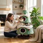 Smiling woman interacting with her pet on a plush Christmas tree cat tower, OEM pet furniture wholesale by MMK Furniture Makers.