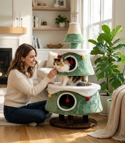 Smiling woman interacting with her pet on a plush Christmas tree cat tower, OEM pet furniture wholesale by MMK Furniture Makers.