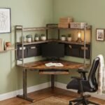 MMK Furniture rustic brown corner computer desk featuring 2-tier corner hutch with fabric storage pockets and sturdy metal frame