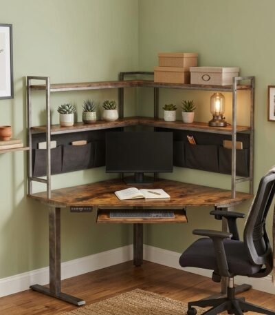 MMK Furniture rustic brown corner computer desk featuring 2-tier corner hutch with fabric storage pockets and sturdy metal frame