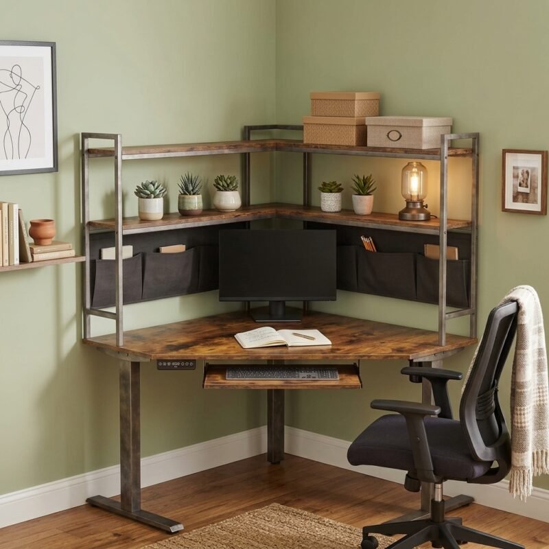 MMK Furniture rustic brown corner computer desk featuring 2-tier corner hutch with fabric storage pockets and sturdy metal frame
