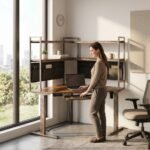 Professional working at a rustic brown industrial corner standing desk with multi-tier storage hutch and fabric pockets by MMK Furniture Makers