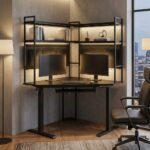 black motorized corner office desk featuring keyboard tray and steel hutch by MMK TRADE INC