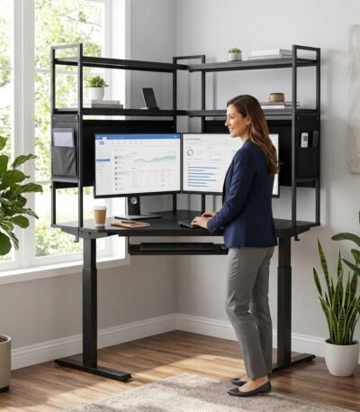 Professional woman working at MMK Furniture Makers corner electric standing desk with multi-tier storage hutch in a modern home office.