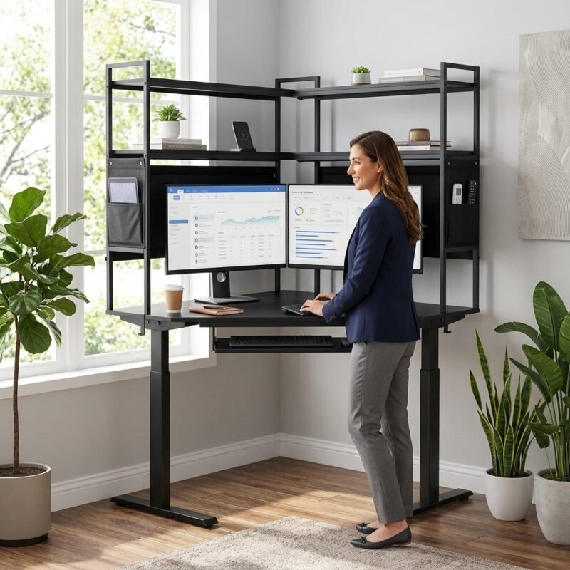 Professional woman working at MMK Furniture Makers corner electric standing desk with multi-tier storage hutch in a modern home office.