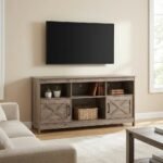 MMK Furniture Makers rustic farmhouse wooden TV stand in a modern living room setting