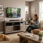 Woman relaxing in a cozy living room with custom MMK OEM rustic wood TV console entertainment center