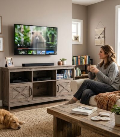 Woman relaxing in a cozy living room with custom MMK OEM rustic wood TV console entertainment center