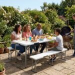 Wholesale heavy duty white plastic folding picnic table and bench set used for family backyard barbecue by MMK Furniture Makers