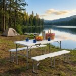 B2B portable resin folding picnic table with benches set for outdoor camping and commercial events by MMK TRADE INC