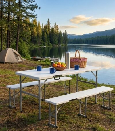 B2B portable resin folding picnic table with benches set for outdoor camping and commercial events by MMK TRADE INC