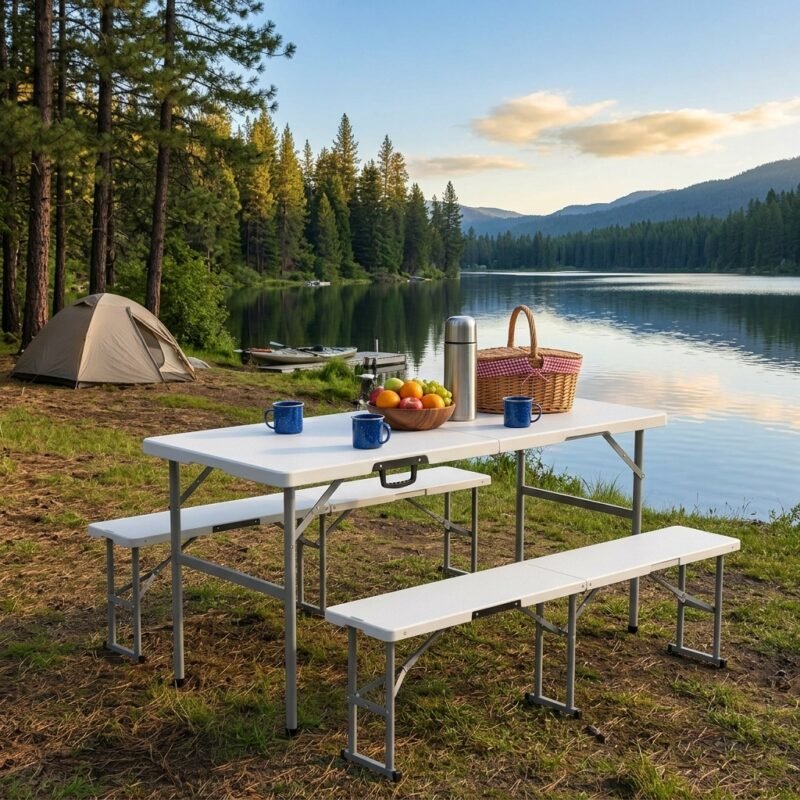 B2B portable resin folding picnic table with benches set for outdoor camping and commercial events by MMK TRADE INC