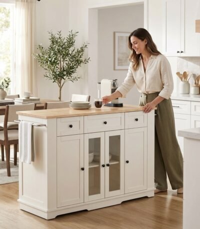 Woman using white kitchen storage sideboard cabinet with towel bars in modern open-concept kitchen by MMK Trade Inc
