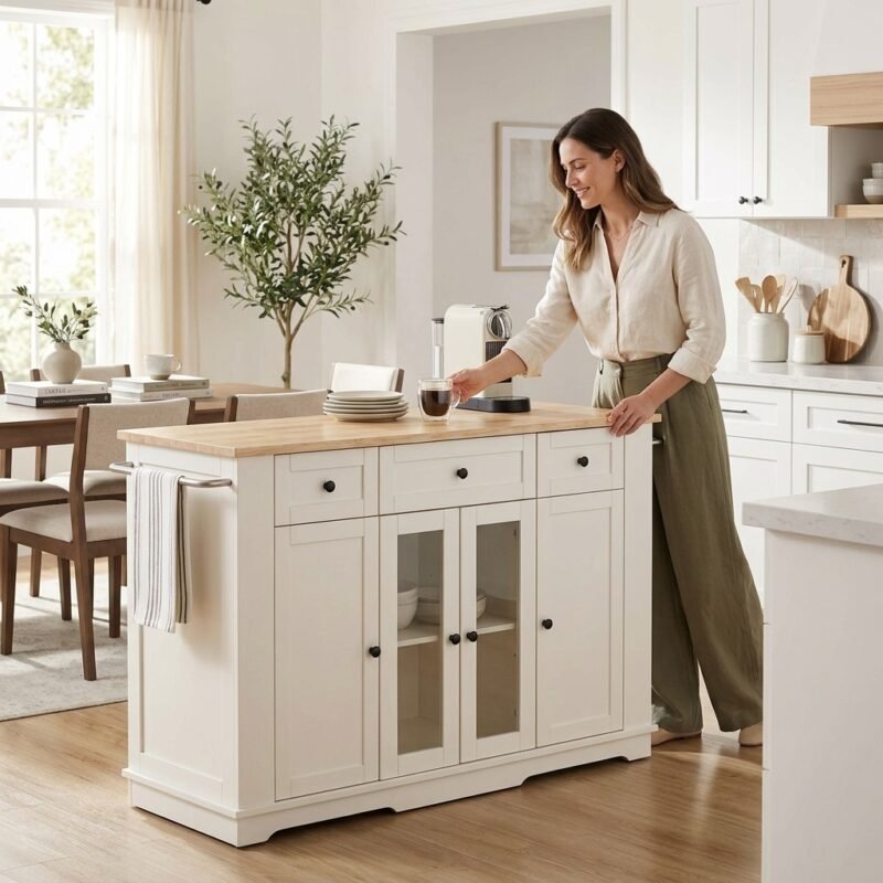 Woman using white kitchen storage sideboard cabinet with towel bars in modern open-concept kitchen by MMK Trade Inc