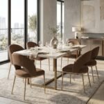 MMK Furniture Makers modern brown upholstered dining chair with hammered gold metal legs in a luxury dining room setting