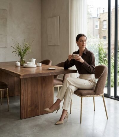 Woman sitting on custom curved back brown fabric dining chair with brass metal base by MMK Furniture Makers