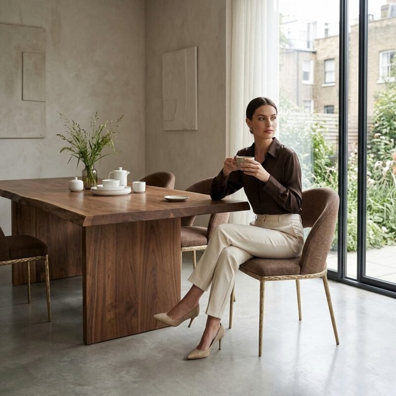 Woman sitting on custom curved back brown fabric dining chair with brass metal base by MMK Furniture Makers