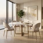 Luxury dining room setting featuring wholesale modern chenille upholstered dining chairs with brass metal legs by MMK Furniture Makers